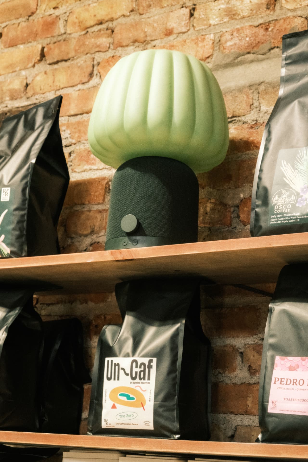 Reprise Roasters coffee bags displayed beside a green lamp