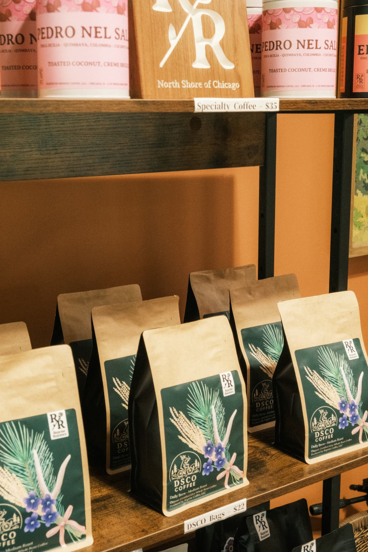 DSCO Coffee and Reprise Roasters coffee bags displayed for sale