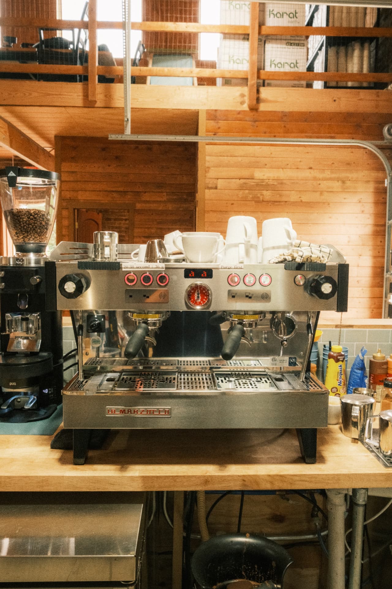 The espresso machine ready for service behind the DSCO counter