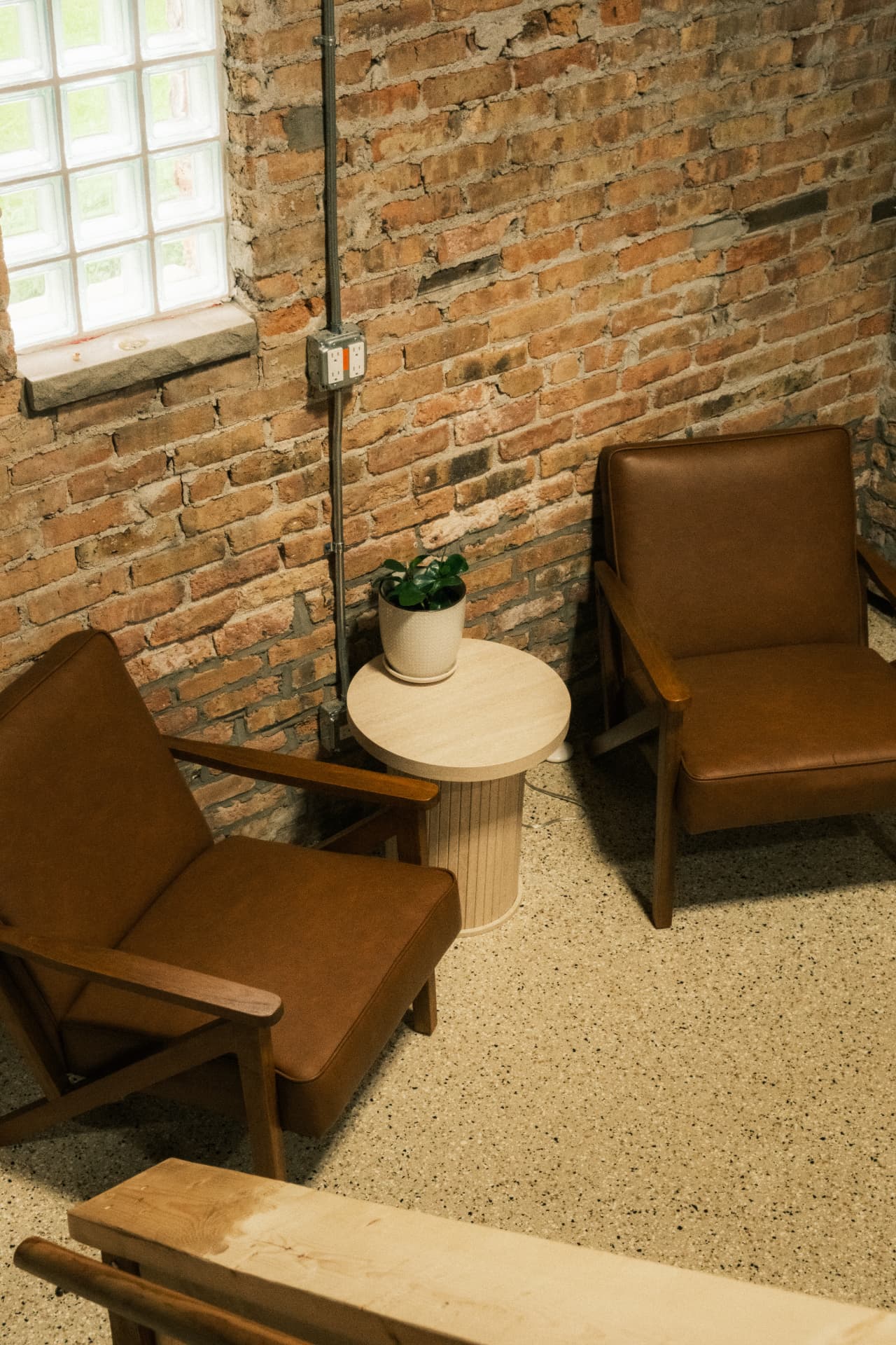 Two leather lounge chairs beside a plant and original brick wall